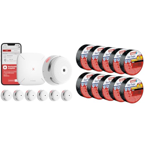 X-Sense XS01-M ProConnected Rauchmelder mit SBS50 Basisstation & tesa Isolierband im 10er Pack - Selbstklebendes Isolierband, hitzebeständig - Zum Isolieren, Reparieren und Bündeln - 10 m - Schwarz von X-Sense