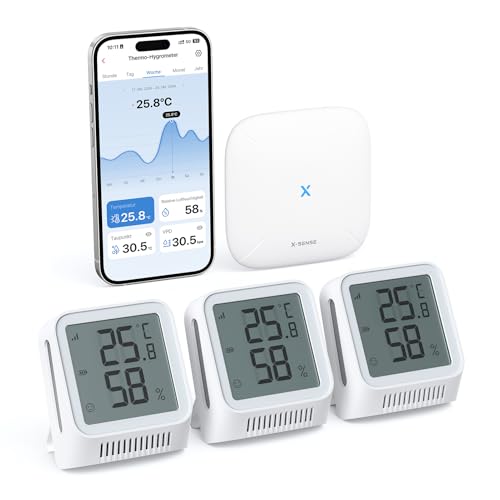 X-sense WLAN Thermometer Hygrometer Innen, Mini Raumthermometer mit X-Sense App, Angepasster Komfortbereich, Thermo-Hygro-Datenlogger, kompatibel mit Alexa, 3 Sensoren und 1 Basisstation SBS50 von X-Sense