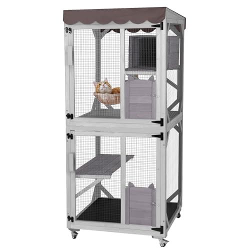 X-ZONE PET Catio Outdoor Cat Gehäuse auf Rädern Indoor Kitty Haus mit Katzenbett, Kratzbaum, springende Plattformen, wasserdichtes Dach (grau) 80CM/Lx80CM/Wx182.5CM/H von X-ZONE PET