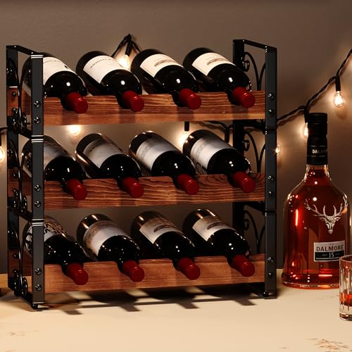 X-cosrack Rustikal 3-Tier stapelbar Weinregal freistehend 12 Flaschen Organizer Halter Ständer Arbeitsplatte Liquor Lagerregal Massivholz & Eisen 16,5 "L x 7,0" B x 16,5 "H-Patent angemeldet von X-cosrack