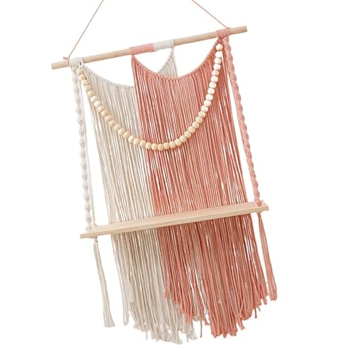 XAGMODSHN Makramee-Hängeregal aus Baumwolle, dekorativer Aufbewahrungshalter mit Perlen für Wohnzimmer, Schlafzimmer oder Arbeitszimmer, 40 x 65 cm von XAGMODSHN