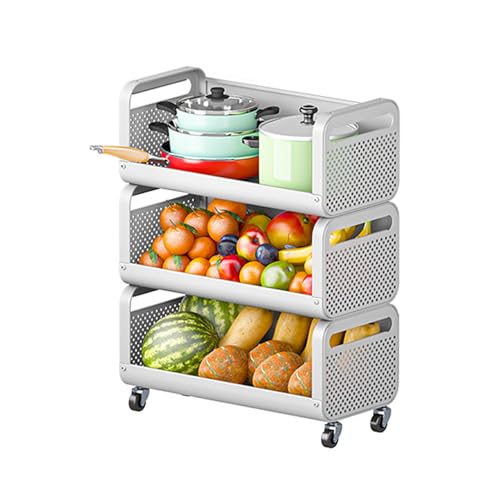 XANAYXWJ Küchenkorb für Obst und Gemüse, rollender Aufbewahrungswagen, stapelbarer Mehrzweck-Küchenwagen aus Metall mit Rädern, Aufbewahrungsbehälter für Kartoffeln und Zwiebeln für die Speisekammer, von XANAYXWJ