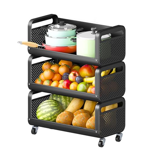 XANAYXWJ Küchenkorb für Obst und Gemüse, rollender Aufbewahrungswagen, stapelbarer Mehrzweck-Küchenwagen aus Metall mit Rädern, Aufbewahrungsbehälter für Kartoffeln und Zwiebeln für die Speisekammer, von XANAYXWJ