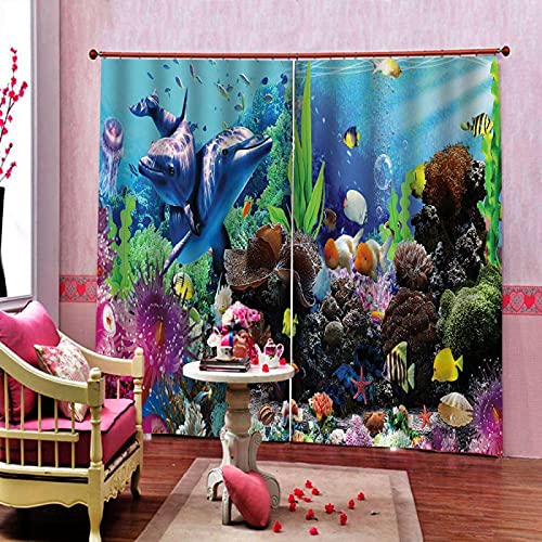 XAONUO Verdunkelungsvorhänge 3D Blau Ozean Tier Delfin 3D Gedruckte Vorhänge Wärmedämmvorhang Schlafzimmer Thermogardine Ösen Vorhänge Geräuschreduzierung 260X250Cm von XAONUO