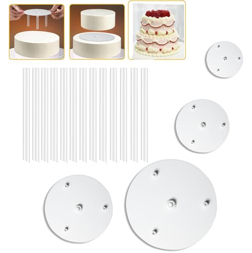 Tortenständer Tortenstützen 4 Etagen: 4 Tortenplatte(9/12/16/20cm) & 12 Tortendübel(23cm), Kunststoff Kuchenstützen Kuchenbasis Wiederverwendbar Tortenstützen für Mehrstöckige Torten Hochzeit von XAQAMY