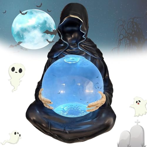 XAUXKERE Grim Reaper Statue with Flying Bats Crystal Ball, bat Globe,Gothic-Figur Mit Leuchtender Kugel,leuchtende Fledermaus-Dekoration,Bücherregal von XAUXKERE
