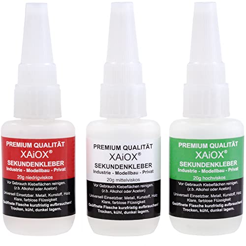 Sekundenkleber 3er Set dünnflüssig Mittelflüssig Dickflüssig - GEL extra stark für Plastik und andere Materialien 20g - wasserfest und hitzebeständig Sekundenkleber 3er Set dünnflüssig Mittelflüssig Dickflüssig - GEL extra stark für Plastik und andere Materialien 20g - wasserfest und hitzebeständig von XAiOX