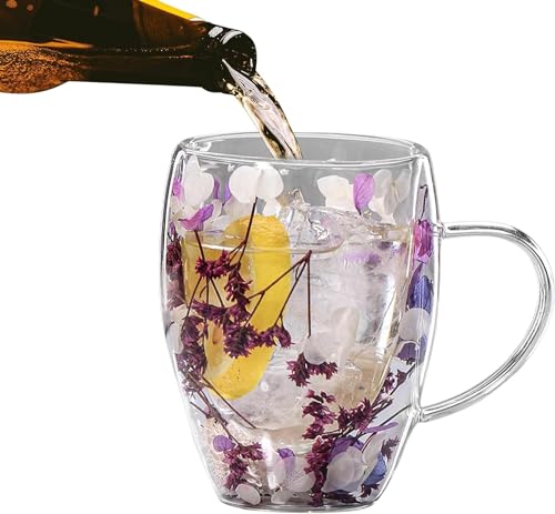 Transparente Kaffeetassen, 350 ml, stilvoll, mikrowellengeeignet, getrocknetes Blumen-Design, Milchbecher, doppelwandige Glastasse mit Griff, Anti-Verbrühung, heiße und kalte Getränke, Trink-Demitasse von XBBZBL