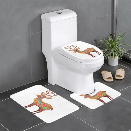 XBKGOHA 3-teiliges Anti-Rutsch-Bodenmatten-Set, kleiner Elch, bedruckt mit Blumen, Badezimmerteppiche für ultimativen Komfort, Hauptbadezimmer von XBKGOHA