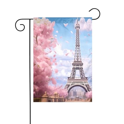 XBKGOHA Paris Street Eiffelturm rosa Blumenbild Garten Fahnenmast Outdoor Hof Dekoration Mode 30,5 x 45,7 cm von XBKGOHA
