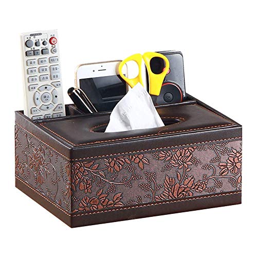XBR Feuchttücher-Box, Tissue Box Bover, Multifunktions-Tissue-Box Fernbedienung Stift Desktop-Aufbewahrung Papierhandtuchhalter Leder geprägte Kosmetikbox 23,5 x 16 x 9,5 cm quadratisch braun von XBR
