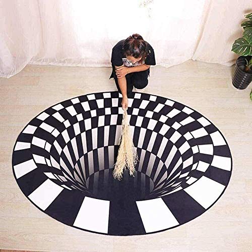 XBSLJ Teppiche Schwarz-Weiß-Plaid-Teppiche Vlies-Fußmatten-Teppich 3D-Teppiche Optische Täuschung Leicht zu reinigender 3D-Teppich für Wohnzimmer für Wohnzimmer Esszimmer Schlafzimmer Rund Schwarz von XBSLJ