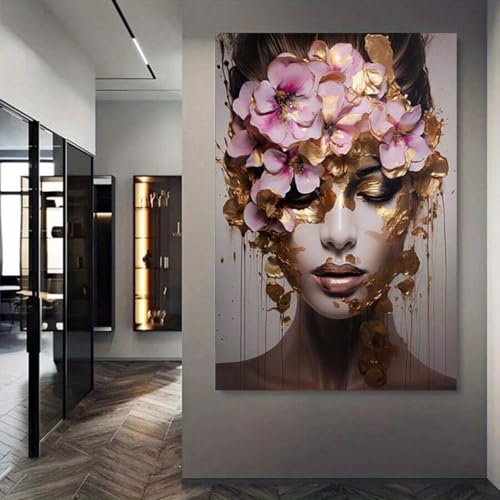 XBTYKPB Abstrakter Kunstdruck auf Leinwand, goldhaarige Frau mit floralem Kopfschmuck, Kunstdrucke mit Aquarellmalerei, für Schlafzimmer, Dekoration, 70 x 100 cm, mit Rahmen von XBTYKPB
