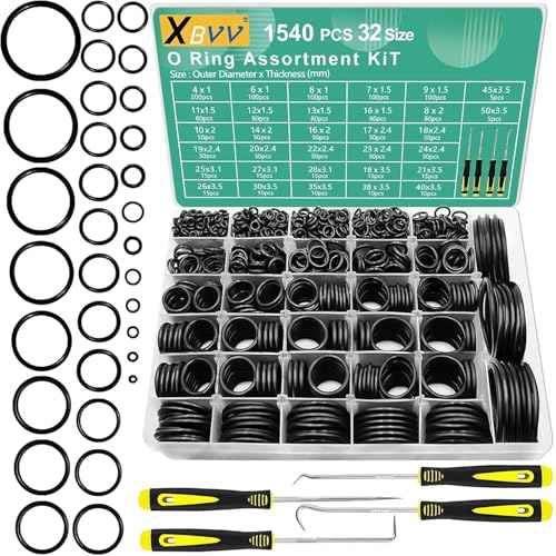XBVV 1540 Pcs 32 Größe O-Ringe Kit Nitrilkautschuk O-Ring-Sortiment mit 4 Haken Set für verschiedene Auto Auto Fahrzeug Reparatur Sanitär Druckreiniger Luft oder Gas Dichtungsanschlüsse von XBVV