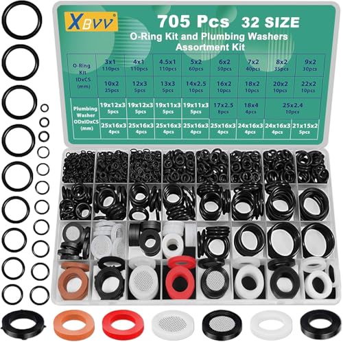XBVV 32 Größe 705 Pcs Plumbing Unterlegscheiben und O-Ring-Kit 2-in-1 Gummidichtung Sortiment Kit für Wasserhahn Spigot Gartenschlauch Hochdruckreiniger Sanitär-Reparatur von XBVV