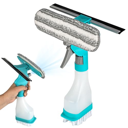 Fensterabzieher & Sprühwischer 4 in 1,250ml Sprühflasche, kratzfreier Microfaser Wischmop,Fensterputzer,Putzbürste,Multifunktionaler Fensterwischer für Fenster, Spiegel, Glas, Badezimmer, Autowäsche von XCDMJ