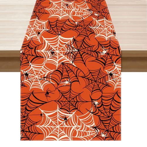XCHI Halloween-Tischläufer, gruseliges orangefarbenes und schwarzes Spinnennetz, Party-Tischdekoration für Zuhause, Küche, Esszimmer, Urlaubsdekoration, 33 x 228 cm von XCHI