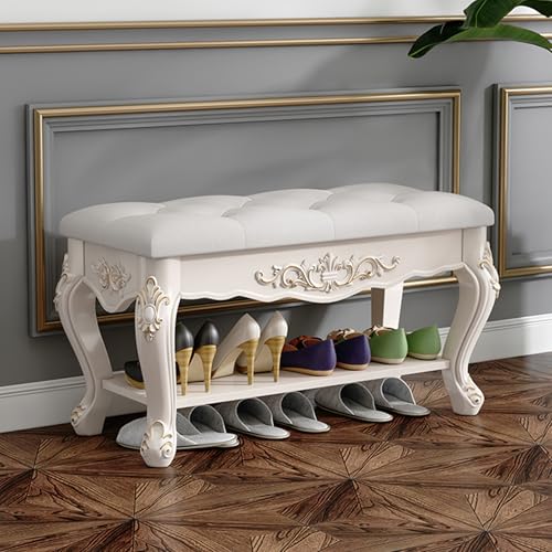 XCLOOZGL 2 Etagen Leder-Aufbewahrungsbank Mit Aufklappbarer Aufbewahrungsbox Eingangsbereich Schuhbank Aus Massivholz Vintage-Stil FüR Schlafzimmer Flur Wohnzimmer,Gold Legs,60 * 32 * 46cm von XCLOOZGL