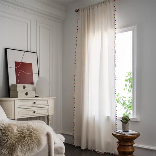 XCLOOZGL Vorhänge 1Er Set Unifarbene Vorhänge Mit Farbigen Bommelbesätzen Halbverdunkelnde Vorhänge Mit Stabtasche Vorhang Deko Küche Wohnzimmer Schlafzimmer Verschiedene Längen,Beige,W150xL160cm von XCLOOZGL