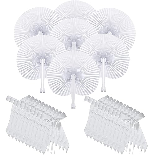 XCMVCN 96 Stück Hochzeitsdeko Set Inklusive Schleifen und Handfächer Weiß, Antennenschleifen Autoschleifen mit Faltbar Hand Fächer für Gast-Geschenk Kommunion Hochzeit Party - DIY und Deko-Spaß von XCMVCN