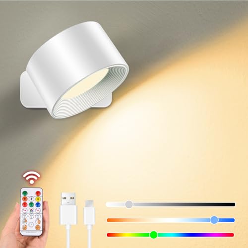 LED Wandlampe Innen RGB Wandleuchte Dimmbar mit Fernbedienung, 360° drehbare 3 Helligkeitsstufen Touch Control 19 Farbmodi, Batteriebetrieben kabellos mit USB-Ladeanschluss für Wohnzimmer Schlafzimmer von XCOFZOB