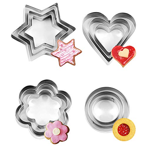 12 Stücke Edelstahl Ausstechformen Set, XCOZU Fondant Ausstechformen Keksausstecher Cookie Cutter, Plätzchen Ausstecher Weihnachten Backzubehör Stern Rund Herz Blumen Geometrie von XCOZU