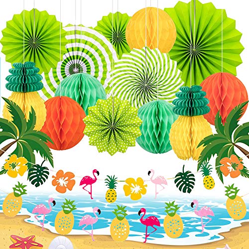 Flamingo Deko Hawaii Party Deko Set, XCOZU Hängende Papierfächer Blätter Ananas Deko Sommerparty Deko, Tropical Beach Party Girlande für Geburtstag Hochzeit Garten Pool Dekoration Accessoires von XCOZU