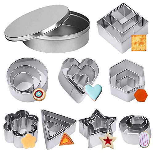 XCOZU 24 Stücke Edelstahl Ausstechformen Set, Fondant Ausstechformen Keksausstecher Cookie Cutter, Plätzchen Ausstecher Weihnachten Backzubehör Stern Rund Herz Dreieck Blumen Geometrie von XCOZU