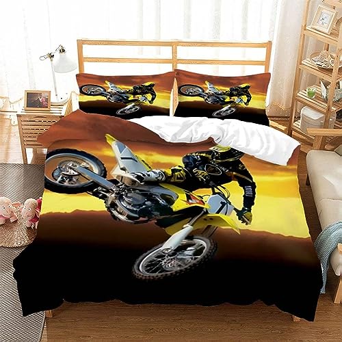 XCQHZYQ Motocross Bettwäsche 135x200 cm, 3D Motorrad-Bettbezug 100% Mikrofaser Weiche mit 2 Kissenbezug, Extremsport-Thema Bettwäsche für Kinder Jungen Männer von XCQHZYQ