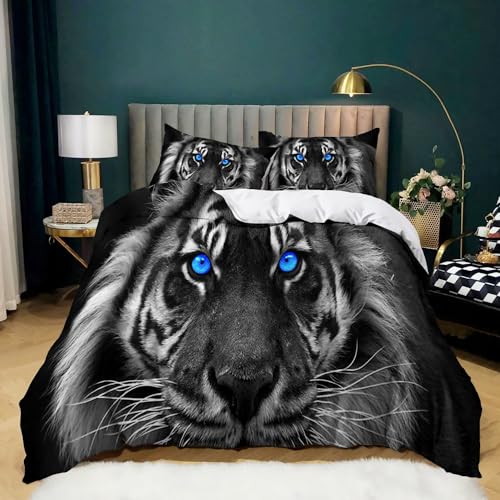 XCQHZYQ Bettbezug 135 x 200 cm weißer Tiger 3D Drucken Bettbezug Set Mikrofaser Kinderbettwäsche Set für Kinder Teens, Bettwäsche mit 2 Kissenbezüge 80x80 cm von XCQHZYQ