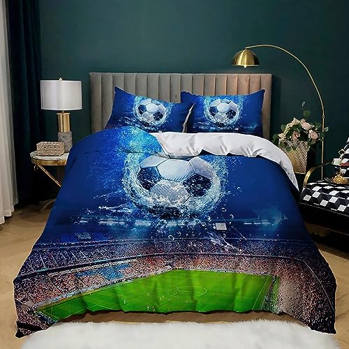 XCQHZYQ Bettwäsche 135x200 cm Blauer Fußball Bettbezug Set für Kinder Jungen Mädchen Weich Atmungsaktiv Microfaser Betten Set mit Reißverschluss von XCQHZYQ