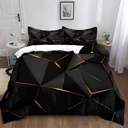 XCQHZYQ Bettwäsche 135x200 cm Geometrische Goldene Linien Schwarz Modern Bettwäsche Set 3D Druck Baumwolle Polyester Bettbezug mit Kissenbezug 80x80cm, mit Reißverschluss von XCQHZYQ
