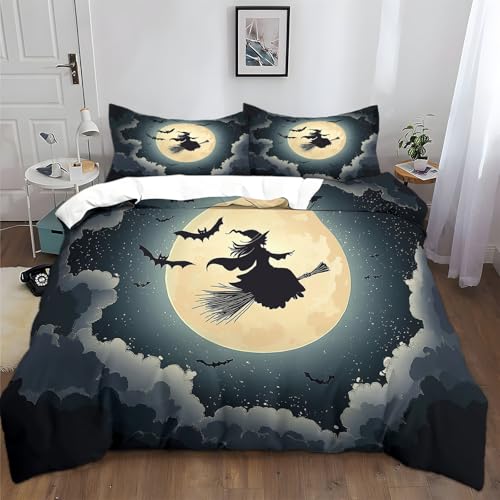 XCQHZYQ Bettwäsche 135x200 cm Halloween-Muster Hexe Mond Bettwäsche Set für Doppelbett mit Reißverschluss und 2 Kissenbezug 80x80 cm, Bettbezug Set 3 Teilig Bettdeckenbezug von XCQHZYQ