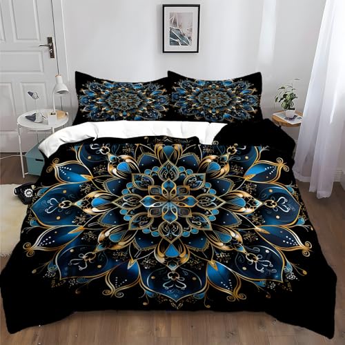 XCQHZYQ Bettwäsche 135x200 cm Mandala-Druck Blau Schwarz 3D Bettwäsche 3 teilig Weich Polyester Baumwolle Bettwäsche Jugendliche Erwachsene Doppelbett mit Reißverschluss von XCQHZYQ