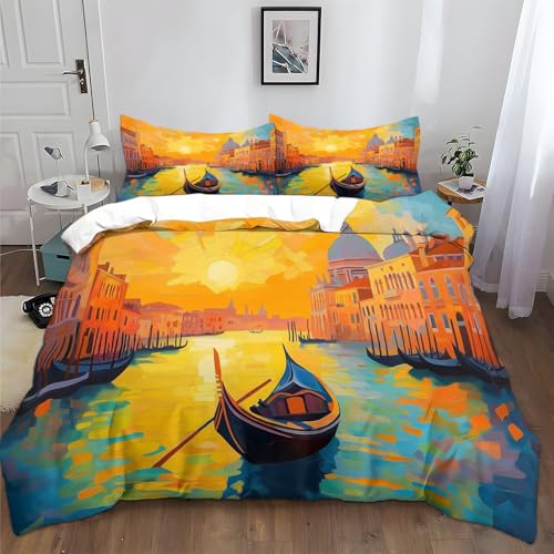 XCQHZYQ Bettwäsche 135x200 cm Ölgemälde Venedig Landschaft Bettbezug Set für Kinder Jungen Mädchen Weich Atmungsaktiv Baumwolle Polyester Betten Set mit Reißverschluss von XCQHZYQ