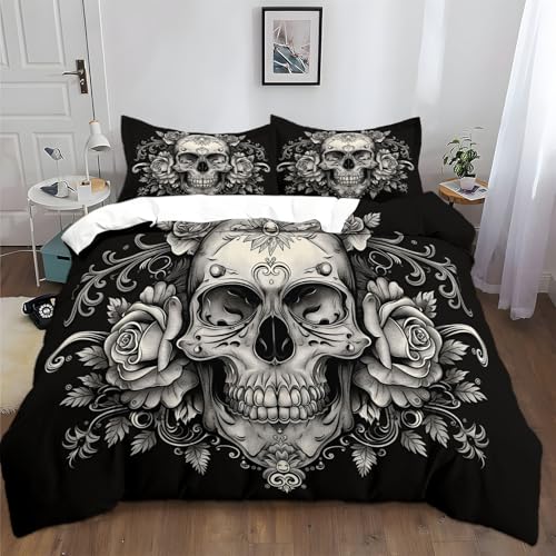 XCQHZYQ Bettwäsche 135x200 cm Rose & Totenkopf & Gothic-Stil Bettwäsche Set für Doppelbett mit Reißverschluss und 2 Kissenbezug 80x80 cm, Bettbezug Set 3 Teilig Bettdeckenbezug von XCQHZYQ