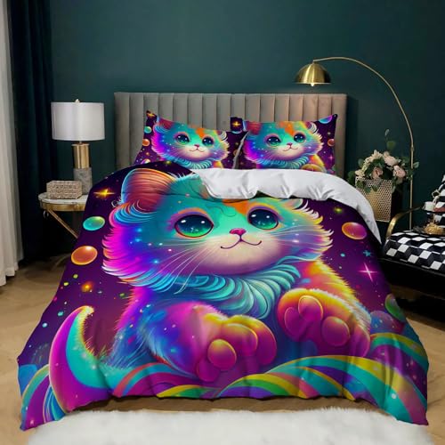 XCQHZYQ Bettwäsche 155x220 cm Anime-Katze 3D Drucken Bettbezug Set Mikrofaser Kinderbettwäsche Set für Kinder Teens, Bettwäsche mit 2 Kissenbezüge 80x80 cm von XCQHZYQ