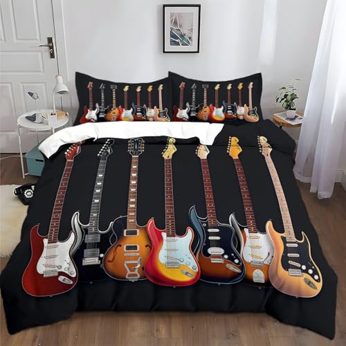 XCQHZYQ Bettwäsche 155x220 cm Musikinstrumente Gitarre Schwarz Bettwäsche-Sets mit 2 Kissenbezüge 80x80 cm, Super Weich Gewaschene Baumwolle Polyester Bettbezug für Doppelbett von XCQHZYQ