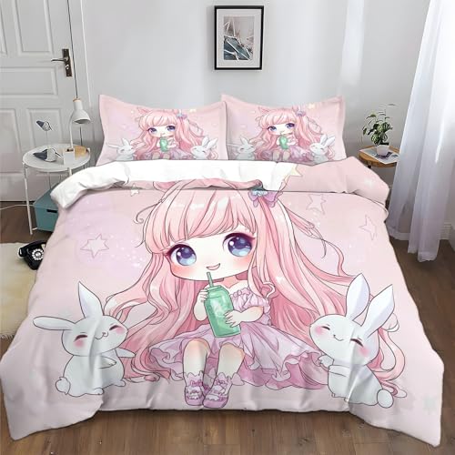 XCQHZYQ Bettwäsche 180x200 cm Cartoon Rosa Mädchen Mit Hase Bettwäsche Set für Doppelbett mit Reißverschluss und 2 Kissenbezug 80x80 cm, Bettbezug Set 3 Teilig Bettdeckenbezug von XCQHZYQ