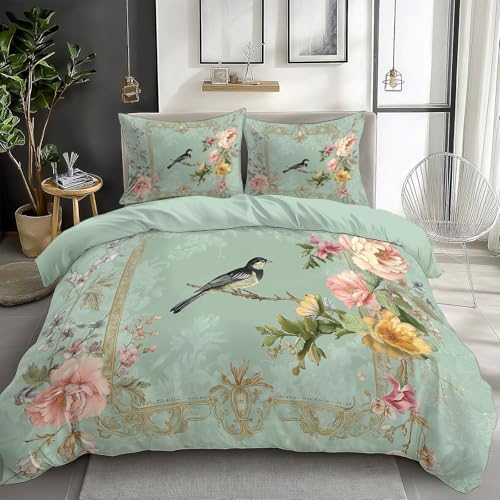 XCQHZYQ Bettwäsche 180x200 cm Hellgrüner Vogel Mit Blumenmuster Wendebettwäsche Weich Atmungsaktiv Baumwolle Polyester Bettbezug Set für Kinder Erwachsene Betten Set mit Reißverschluss von XCQHZYQ