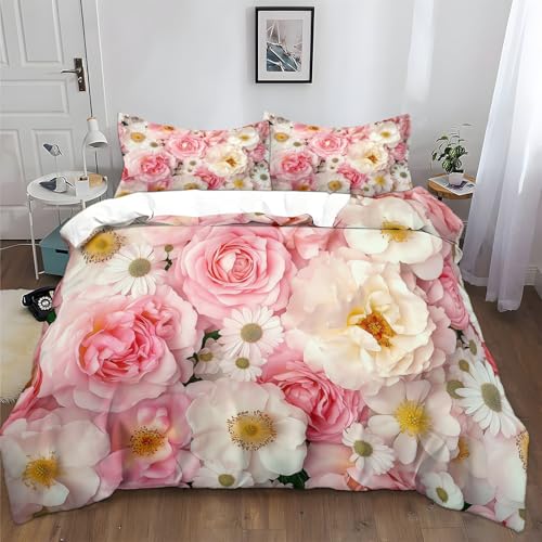 XCQHZYQ Bettwäsche 180x200 cm Romantisches Thema Rosen Chrysanthemen Bettwäsche Set für Doppelbett mit Reißverschluss und 2 Kissenbezug 80x80 cm, Bettbezug Set 3 Teilig Bettdeckenbezug von XCQHZYQ