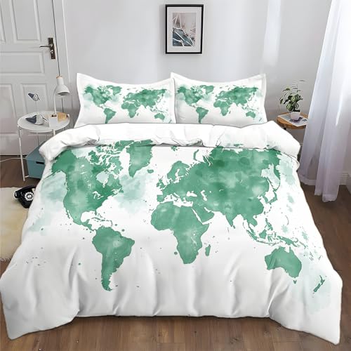 XCQHZYQ Bettwäsche 180x200 cm Weltkarte Grün 3D Bettwäsche 3 teilig Weich Polyester Baumwolle Bettwäsche Jugendliche Erwachsene Doppelbett mit Reißverschluss von XCQHZYQ