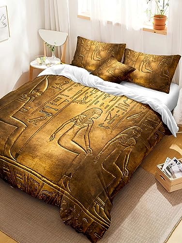 XCQHZYQ Bettwäsche 200x200 cm Goldener Ägyptischer Pharao 3 Teilig Bettbezug Bettwäsche-Sets Knitterfrei Weich Mikrofaser mit 2 mal Kissenbezüge 80x80 cm, mit Reißverschluss von XCQHZYQ