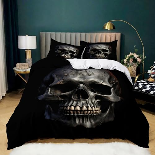 XCQHZYQ Bettwäsche-Sets 180x200 cm Gotischer Totenkopf Schwarz Bettwäsche Weiche Mikrofaser Allergiker 3 Teilig Bettbezug mit Reißverschluss für Teenager Erwachsene von XCQHZYQ