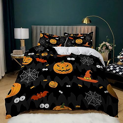 XCQHZYQ Bettwäsche-Sets Halloween-Kürbis Bettwäsche 180x200 cm Weiche Mikrofaser Allergiker 3 Teilig Bettbezug mit Reißverschluss für Teenager Erwachsene von XCQHZYQ