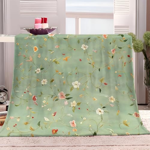 XCQHZYQ Decke Sofa Kuscheldecke Mintgrün Retro Blumen 180x200 cm Warm Sherpa Sofaüberwurf Decke, Dicke Sofadecke Couchdecke, Salbeigrün Flauschige Wohndecke für Couch von XCQHZYQ