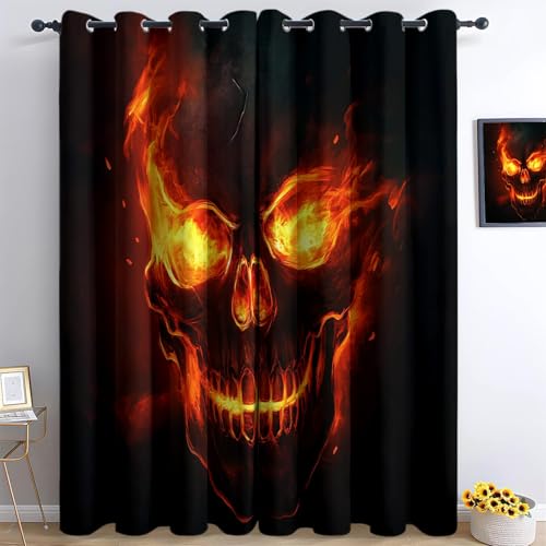 XCQHZYQ Flammenschädel Verdunklungsvorhänge Kinderzimmer Junge Mädchen, Schwarz Polyester Blickdichte Vorhänge H 245 x B 140 cm 2er Set Gardinen mit Ösen Wohnzimmer Fensterdekoration von XCQHZYQ