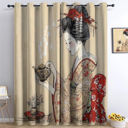 XCQHZYQ Gardinen Blickdicht 2er Set H 245 x B 140 cm Japanischer Stil Geisha Kostüm Vorhang Verdunklungsvorhänge, Thermovorhang Kälteschutz, Gardinen mit Ösen, Schallschutz Vorhang von XCQHZYQ