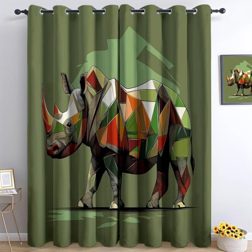 XCQHZYQ Geometrisches Nashornmuster Verdunklungsvorhänge Kinderzimmer Junge Mädchen, Grasgrün Polyester Blickdichte Vorhänge H 245 x B 140 cm 2er Set Gardinen mit Ösen Wohnzimmer Fensterdekoration von XCQHZYQ