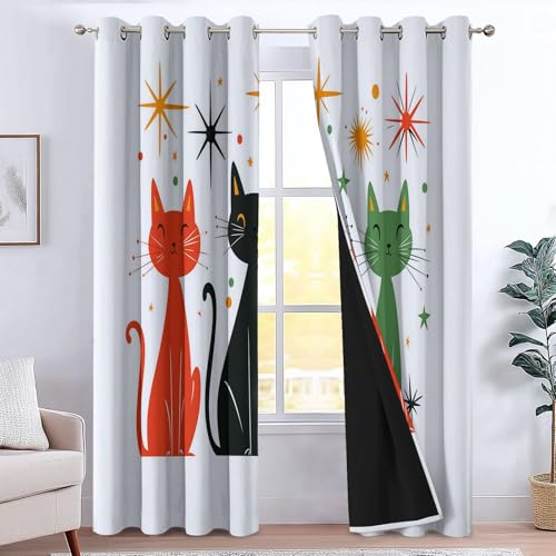 XCQHZYQ Katze Modernen Design Mitte Jahrhunderts Verdunklungsvorhänge Kinderzimmer Junge Mädchen, Weiß Polyester Blickdichte Vorhänge H 245 x B 140 cm 2er Set Gardinen Wohnzimmer Fensterdekoration von XCQHZYQ